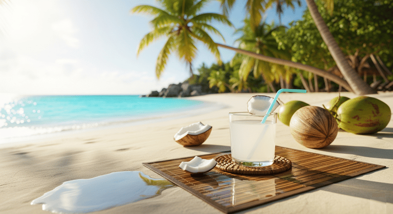 a glass of coconut water on a beach