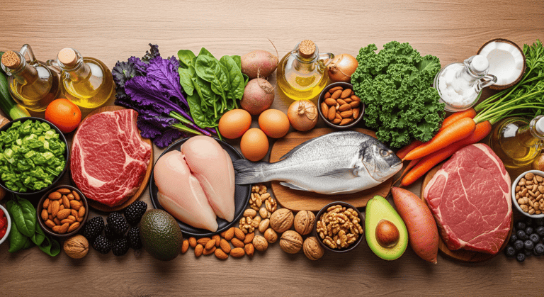 a variety of foods and vegetables including fish, fish, and nuts