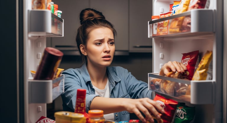 a woman is looking at the camera while she is looking at the food in the