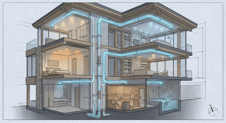 architectural cross-section visualization showing a residential building with visible wellness