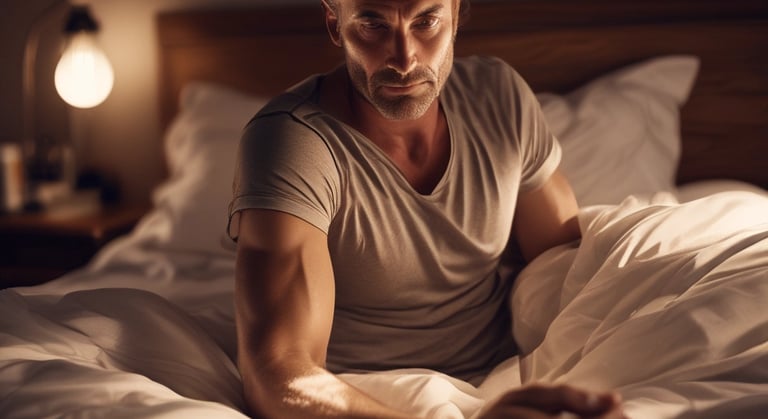 Man in his 40s waking up hot in bed due to overheating and poor sleep regulation.