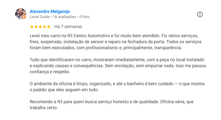 Avaliação 5 estrelas do Google Meu Negócio da R3 Centro Automotivo