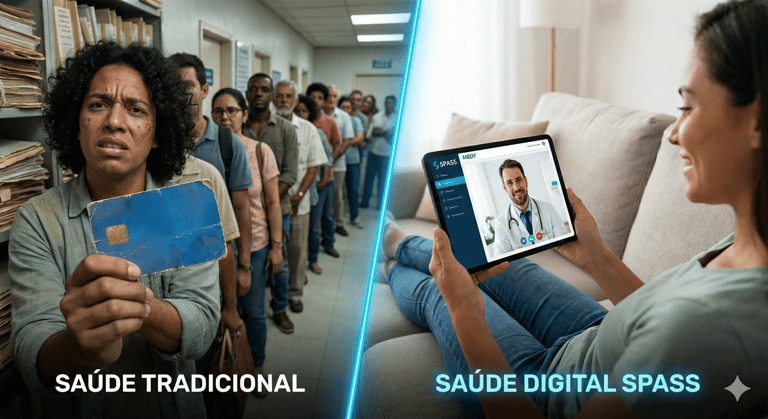 O Lado Esquerdo (SAÚDE TRADICIONAL) Retrata um ambiente caótico e burocrático. Um homem com expressã