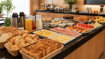 Atividade de listening em inglês sobre café da manhã em um hotel no Brasil.