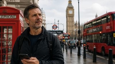 Atividade de listening em inglês sobre um turista americano perdido em Londres, com vocabulário de v