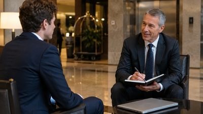 Atividade de listening em inglês sobre uma entrevista de emprego inesperada em um hotel.
