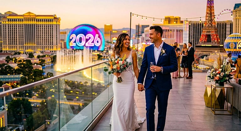 Newlywed couple walking on a Las Vegas balcony overlooking the Strip fountains and Sphere.