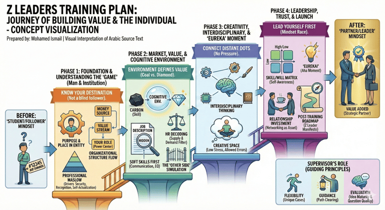 A Z Leaders training plan infographic illustrating four phases of a leadership development journey.