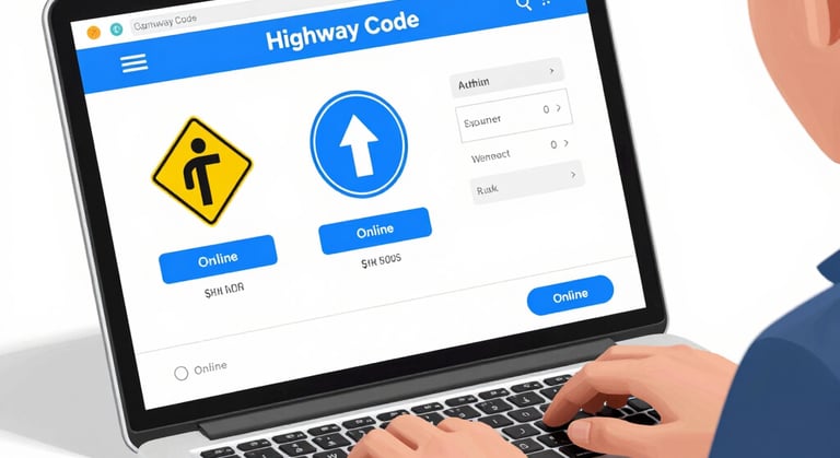 A young adult studying road signs on a tablet in a cozy home setting.