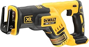 Yellow and black DeWalt 18V XR cordless reciprocating saw power tool for demolition and construction.