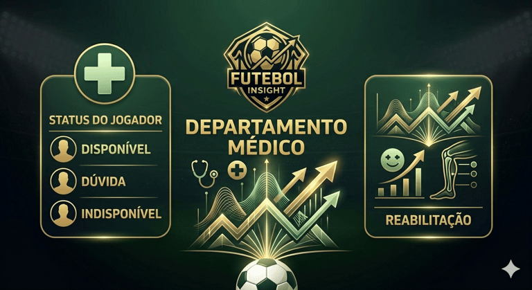Banner de Departamento Médico do portal Futebol Insight com cartões de status do jogador e reabilitação, logo dourado.