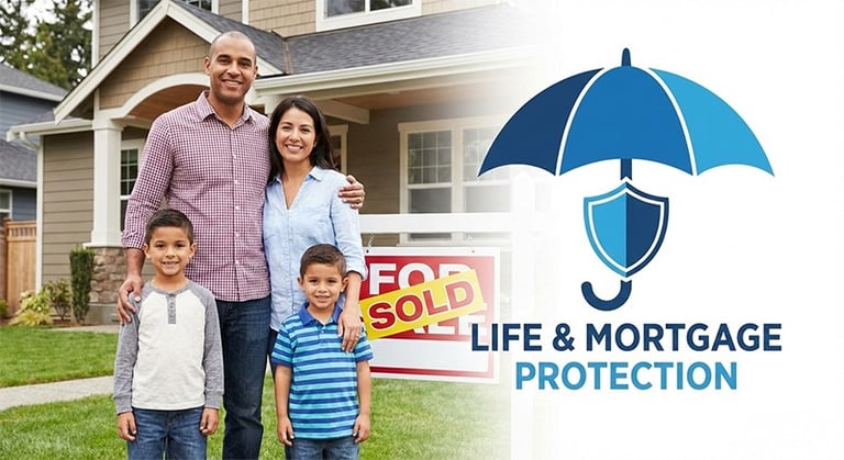 a family standing in front of a home with a life insurance sign