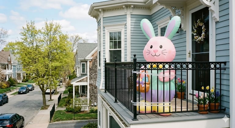 Inflatable pastell bunny decoration on a send floor balcony