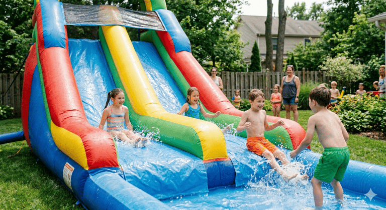 kids racing down a dual‑lane inflatable water slide in a backyard