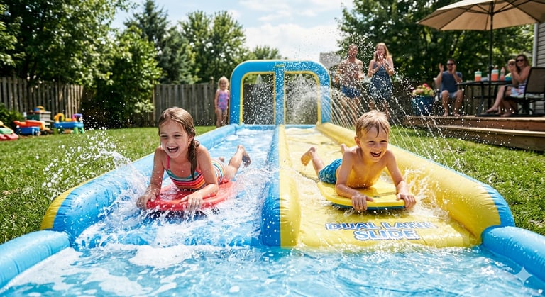 kids racing down a dual‑lane slip and slide on a sunny day