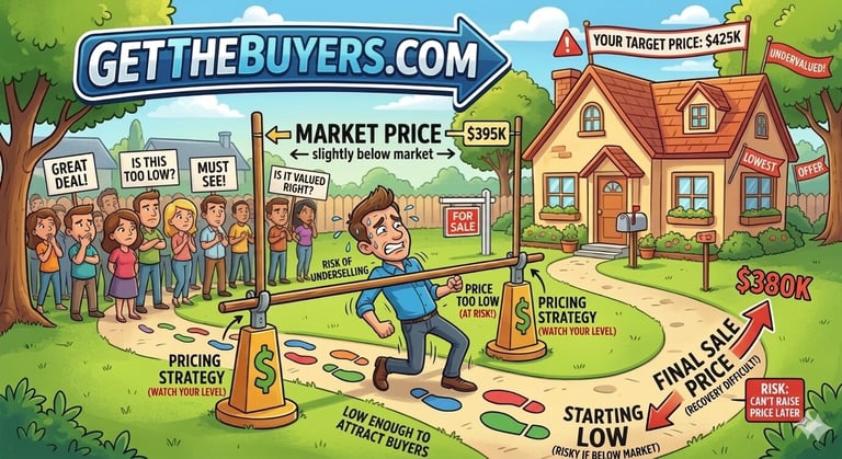Real estate pricing strategy cartoon showing risks of underselling and market price analysis for home buyers.