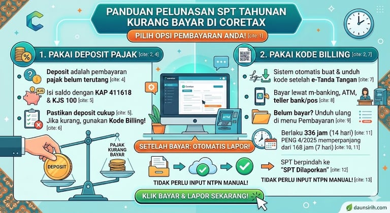 Infografis panduan cara bayar SPT Tahunan Kurang Bayar di Coretax dari daunsirih.com.