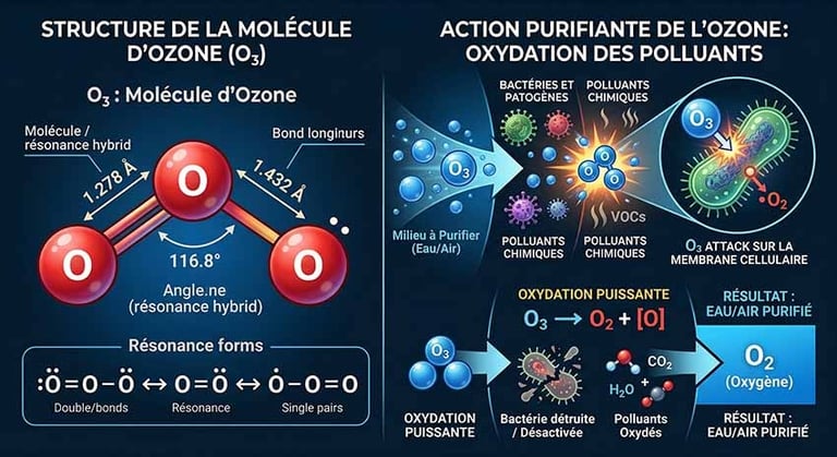 Image de la structure de la molécule d'ozone et son action purifiante