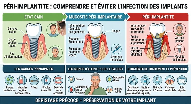 Infographie Péri-implantite : Symptômes et Traitements de l'Infection