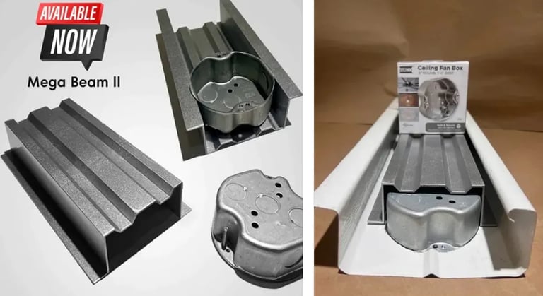 Various images of the Mega Beam II for ceiling fans in Allumawood patio covers.