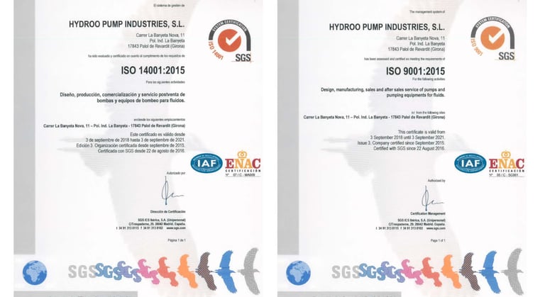 Hydroo pumps quality certification document