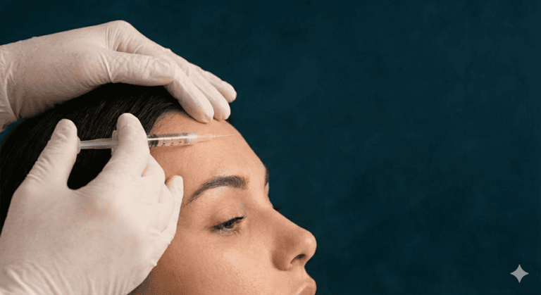 Un profesional médico con guantes administrando una inyección de Botox en la frente a una mujer