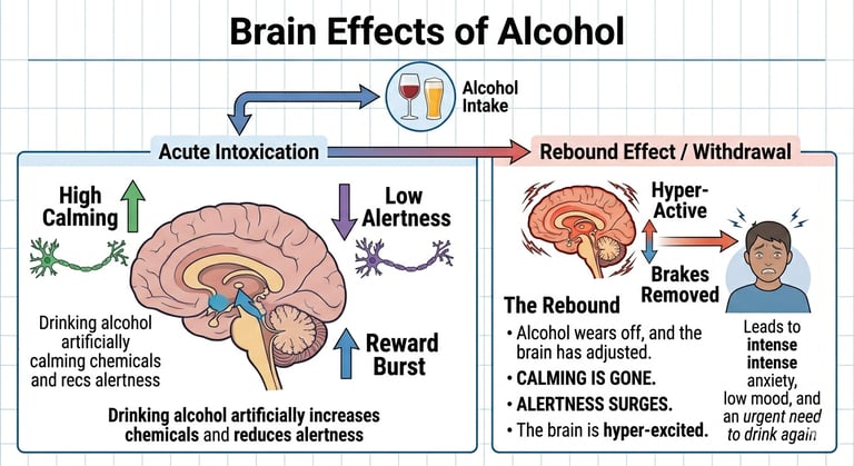 Diagram of brain effects of alcohol showing acute intoxication symptoms and the rebound effect of withdrawal.