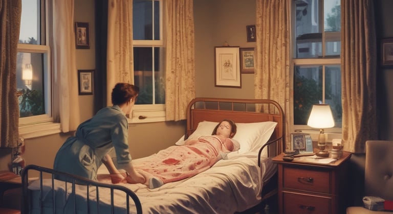 A warm, professional nurse gently assisting an elderly patient in a cozy home setting.