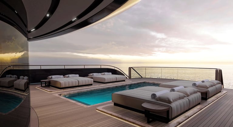 Luxury yacht sundeck with pool and daybeds at sunset