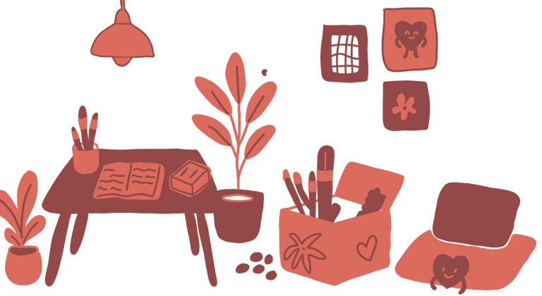 illustration d’un bureau créatif avec fournitures, plantes et décorations murales