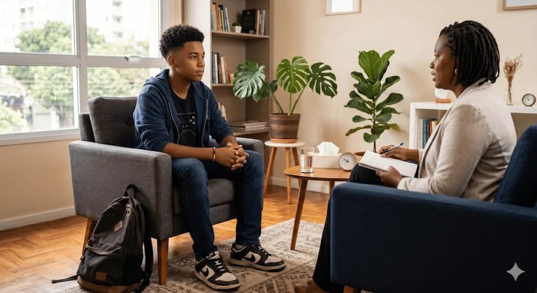 Psicóloga em sessão de psicoterapia com paciente adolescente.