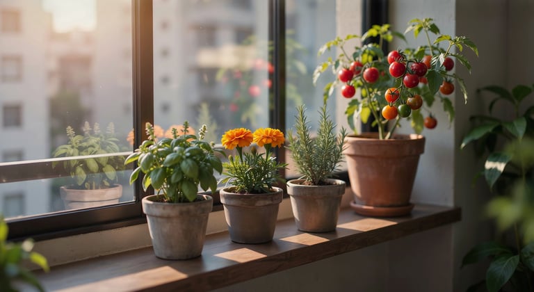 Jardim de vasos em ambiente interno com manjericão, calêndulas, alecrim e tomates-cereja no parapeit