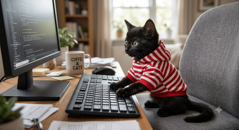 Gatito negro con una sudadera roja a rayas tecleando en un ordenador de escritorio