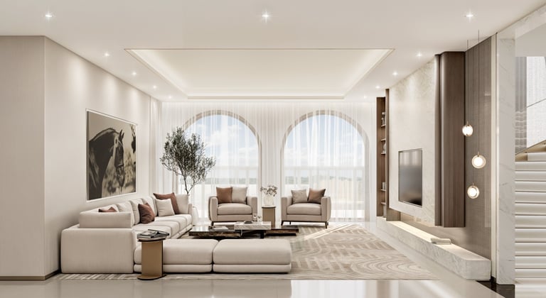 Modern luxury living room with a beige sectional sofa, arched windows, and minimalist interior design.