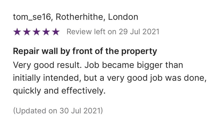 Positive customer review for wall repair services in Rotherhithe, London with a five-star rating.