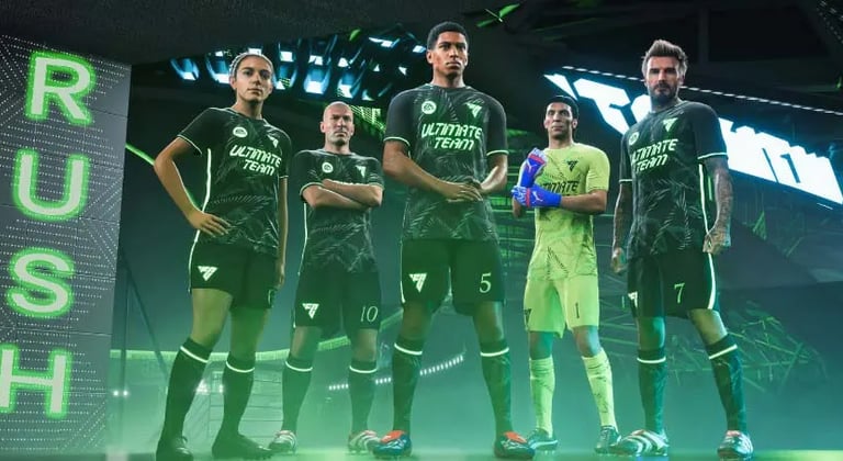 5 calciatori in posa per una foto con la scritta RUSH