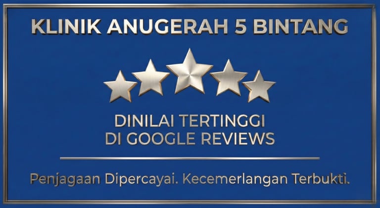 5-star Google Reviews award badge for Klinik Medcare, symbolizing excellent patient satisfaction,