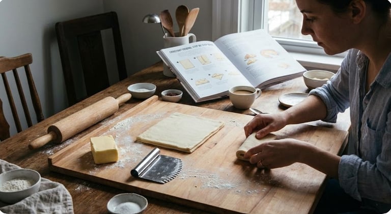 Beginner learning croissant folding technique with step-by-step baking tools and dough