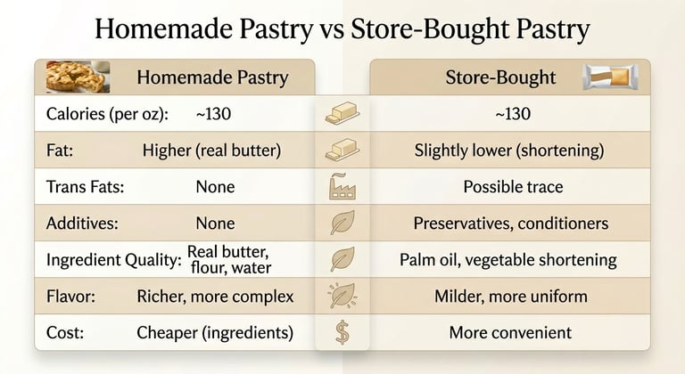 Comparison table of homemade pastry vs store bought showing calories, fat, additives, ingredient qua