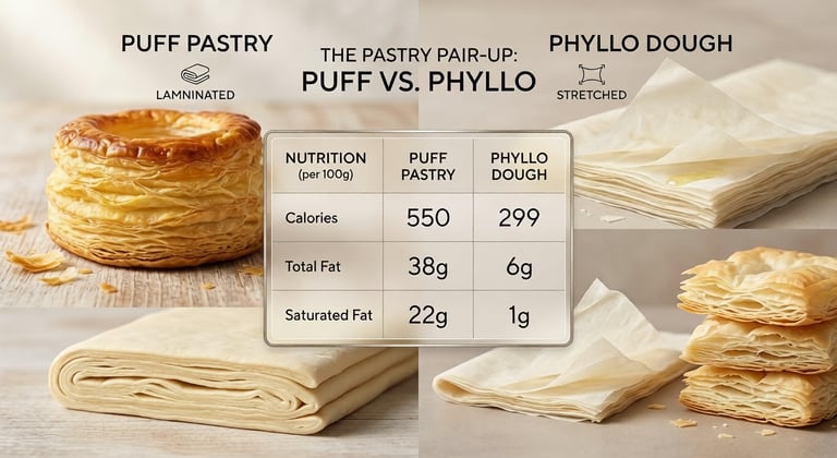 Comparison table showing puff pastry vs phyllo dough calories, total fat, and saturated fat differen