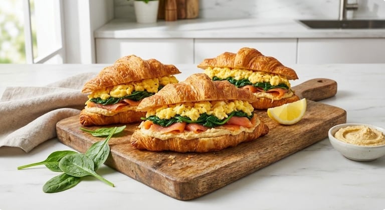 Savory breakfast croissant sandwiches with eggs, spinach, and smoked salmon.
