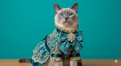 Elegante gato siamés luciendo un vestido real para mascotas en color verde azulado y dorado.