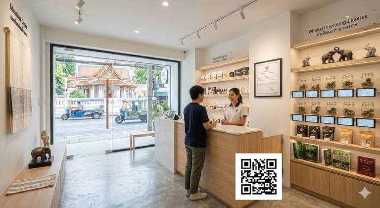 Cannabis dispensary Bangkok interior with modern design and organized cannabis products for safe and legal access in Thailand