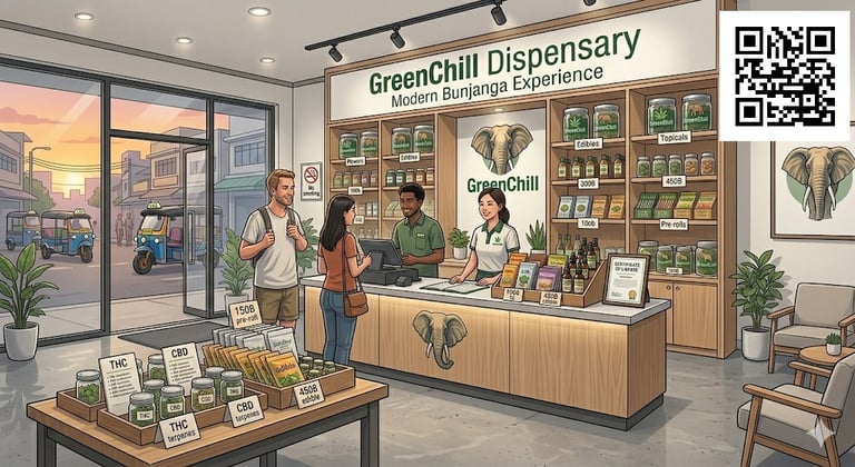 Weed shop Bangkok interior showing modern cannabis store with premium strains and safe buying environment in Thailand