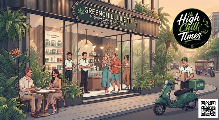 Modern cannabis dispensary in Sukhumvit Bangkok with premium flower selection, cannabis lifestyle, tourists and delivery Thai