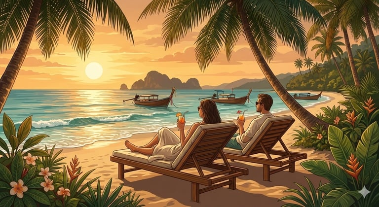 Phuket beach during a golden sunset, surrounded by palm trees and turquoise water, reflecting the calm Green Chill Life TH