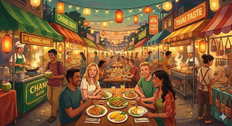 bustling Thai night market with happy travelers enjoying street food at communal tables under warm lanterns, captu