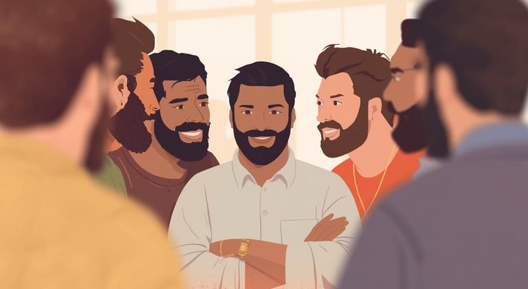 Diverse men connecting at in-person HSV support meeting