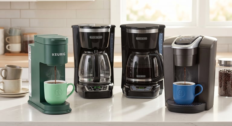 Keurig and Black+Decker coffee makers brewing fresh coffee on a white kitchen countertop.