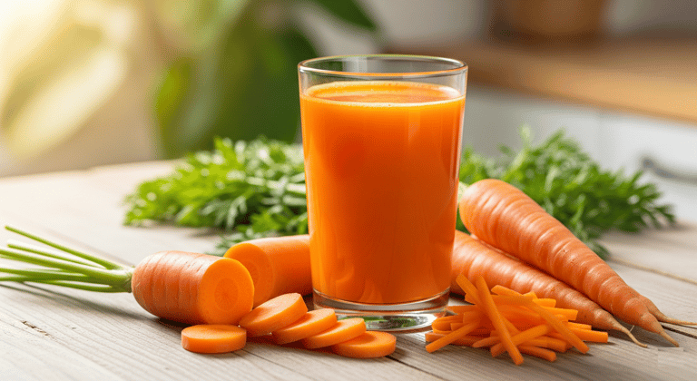 a glass of carrot juice with carrots and carrots